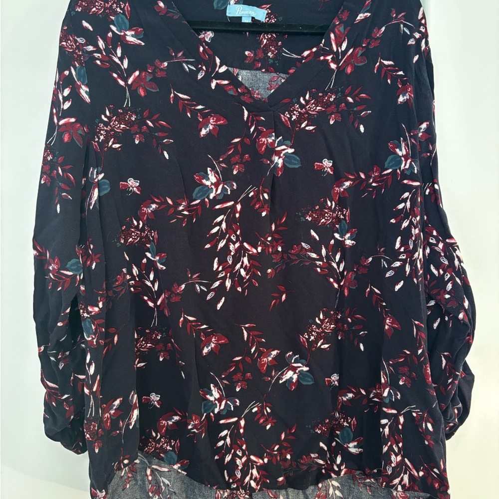 Elegant Black and Pink 3/4 Sleeve Blouse with Notched Collar